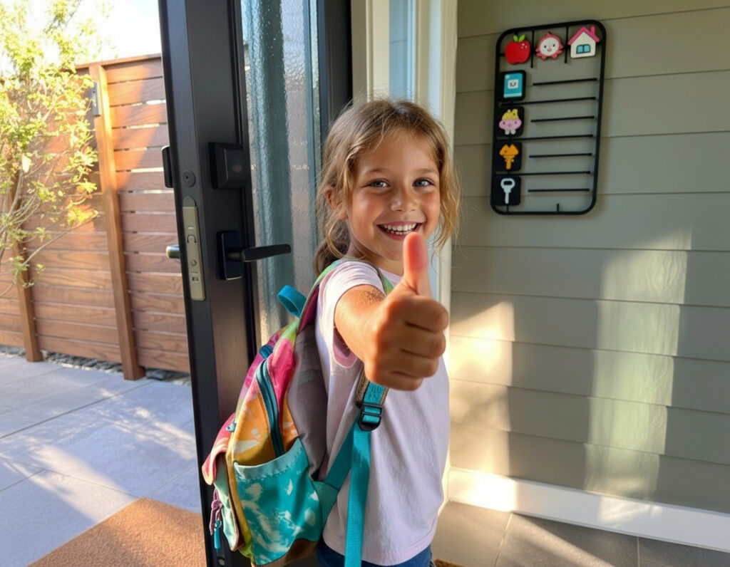 Happy child ready for school with backpack and visual morning routine checklist, talking brains center, speech and language therapy dubai, psychomotor therapy dubai